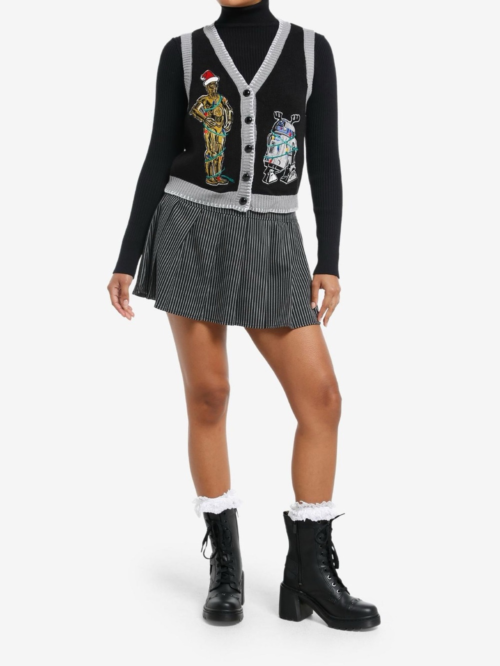 NWT Star Wars Black & Gray Holiday Droid Knit Cardigan Vest Christmas Life Day
